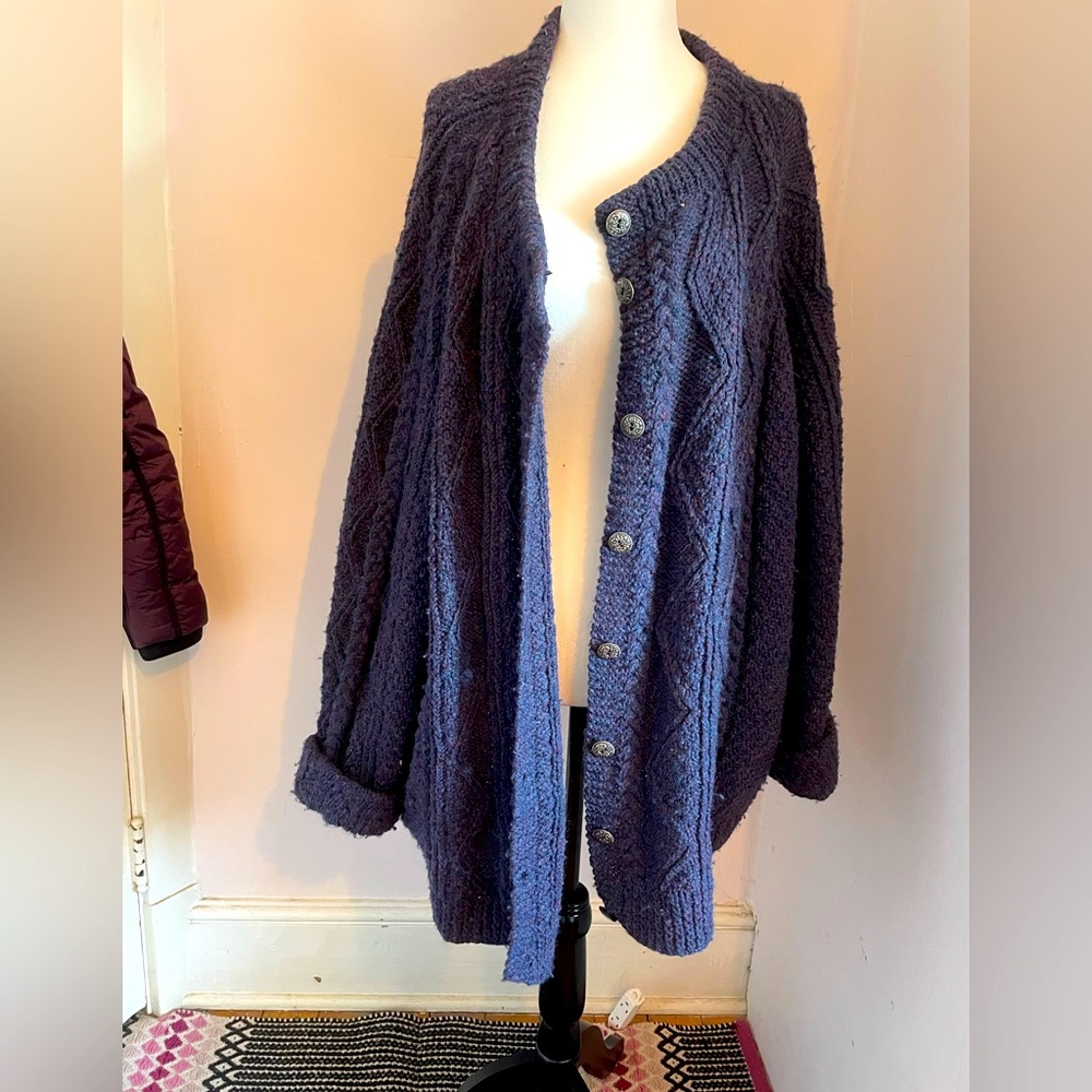 Vintage 100% wool oversized cable knit chunky fisherman sweater cardigan xxl